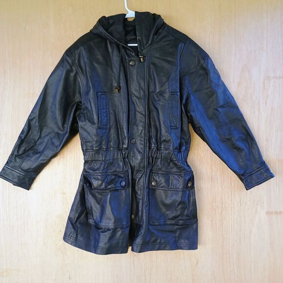Unbranded Jackets & Blazers - Genuine Leather Hooded Jacket Vintage Real Leather Parka Coat Drawstring Waist M